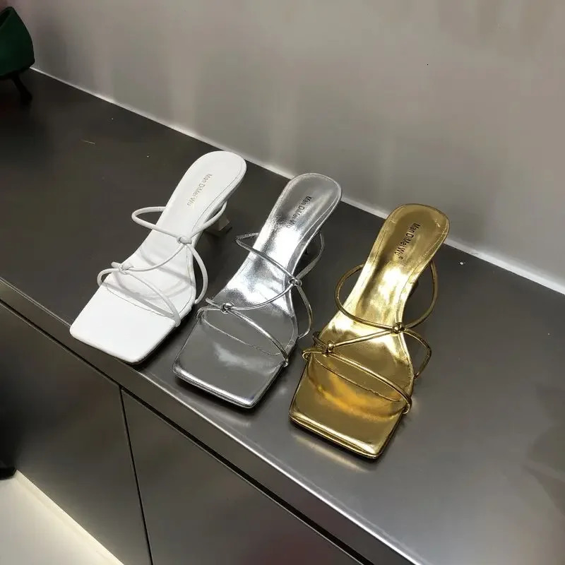 Korean Summer Women Thin Heels Sandals Ins Squared Toe Thin Bandeau Med Heels Slippers Sexy Gold Silver Black Shoes 250306