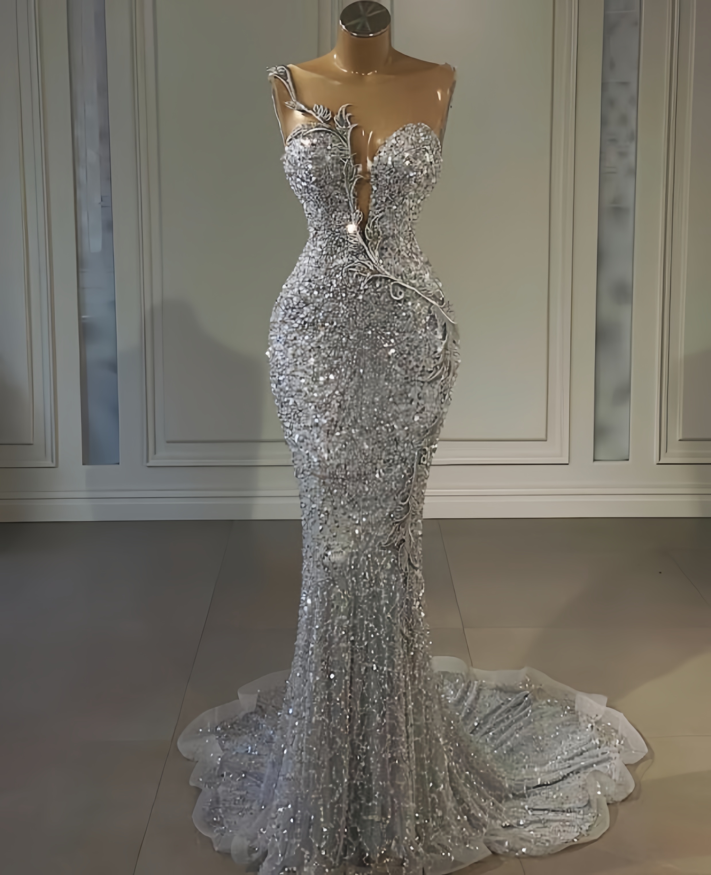 Plus Size Arabic Aso Ebi Sier Sexy Mermaid Prom Dresses Lace Sheer Neck Beaded Evening Formal Party Second Reception Gowns Dress
