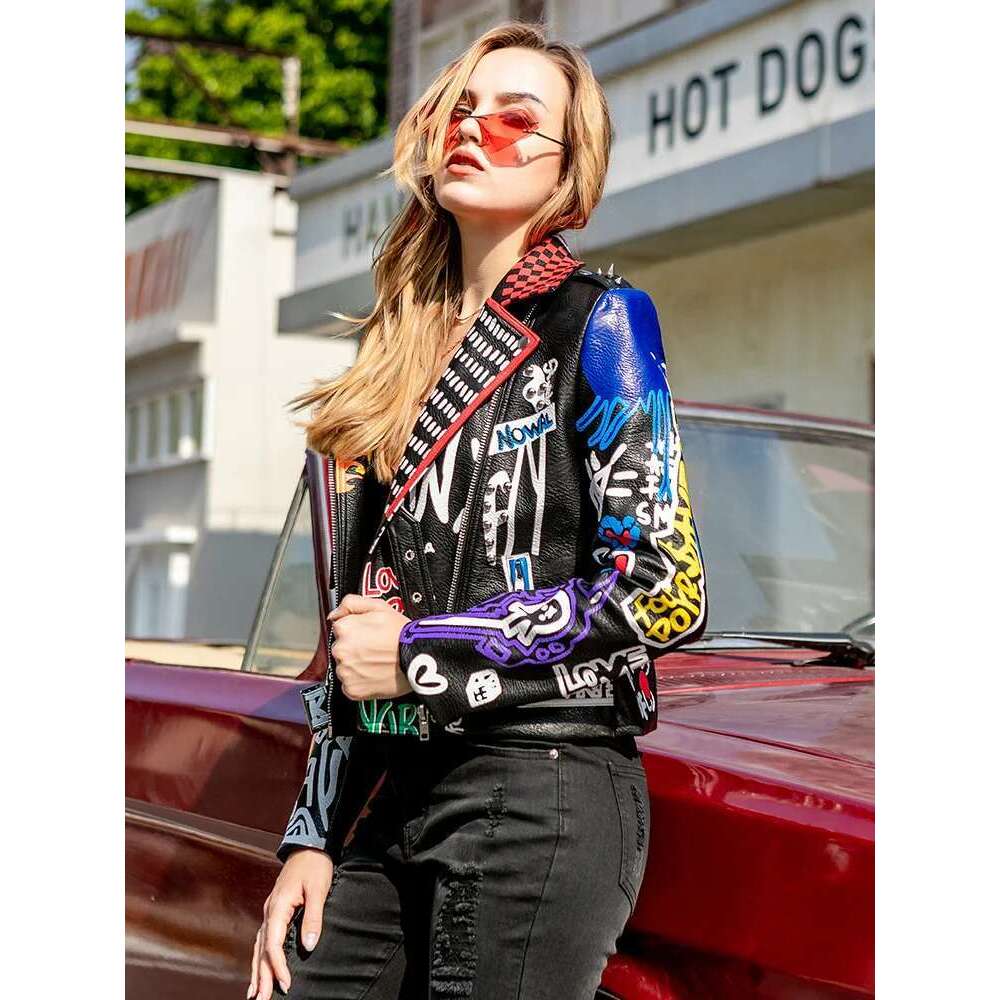 Rivet Beading Pu Leather Jacket Women Graffiti Colorful Print Biker Jackets And Coats PUNK Streetwear Jacket