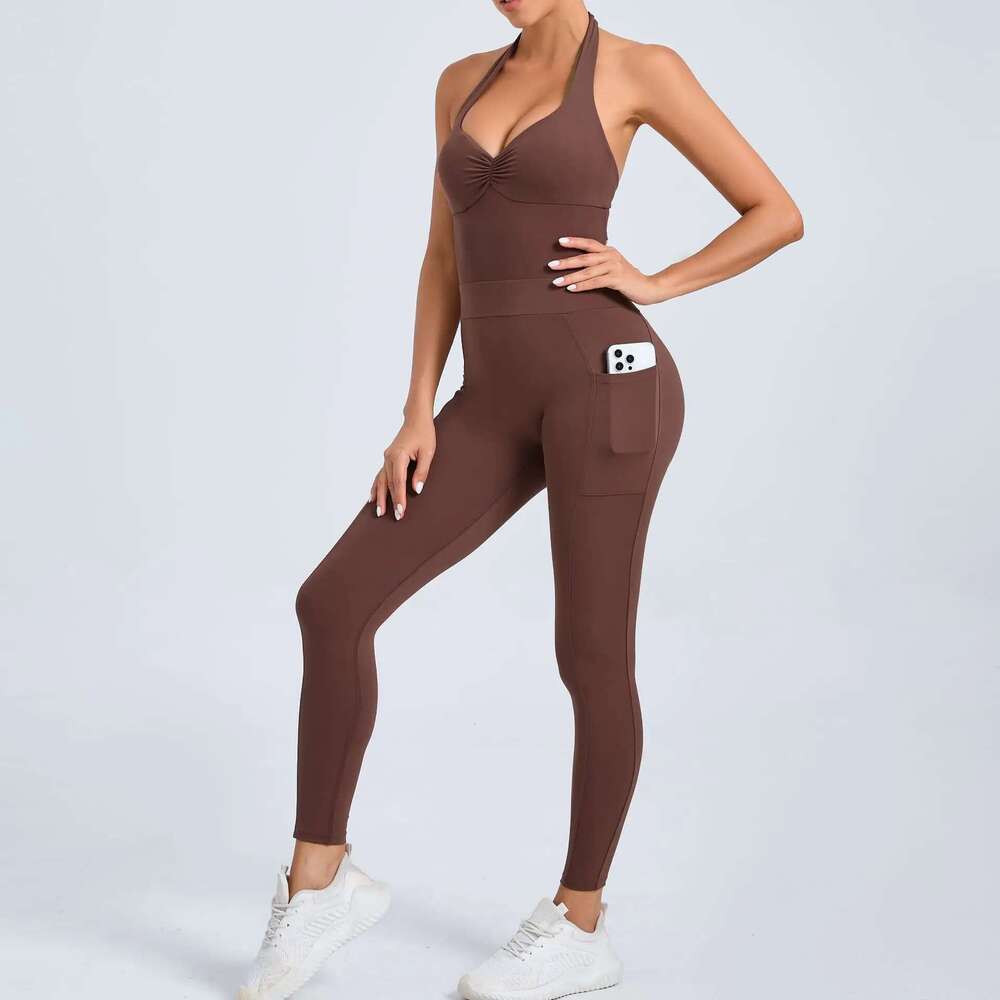 Pad Push Up Sports Pocket Yoga Set Women Sportswear One Piece Jumpsuit Gym Workout Legging Backless Scrunch Fiess Active Suit KLMY