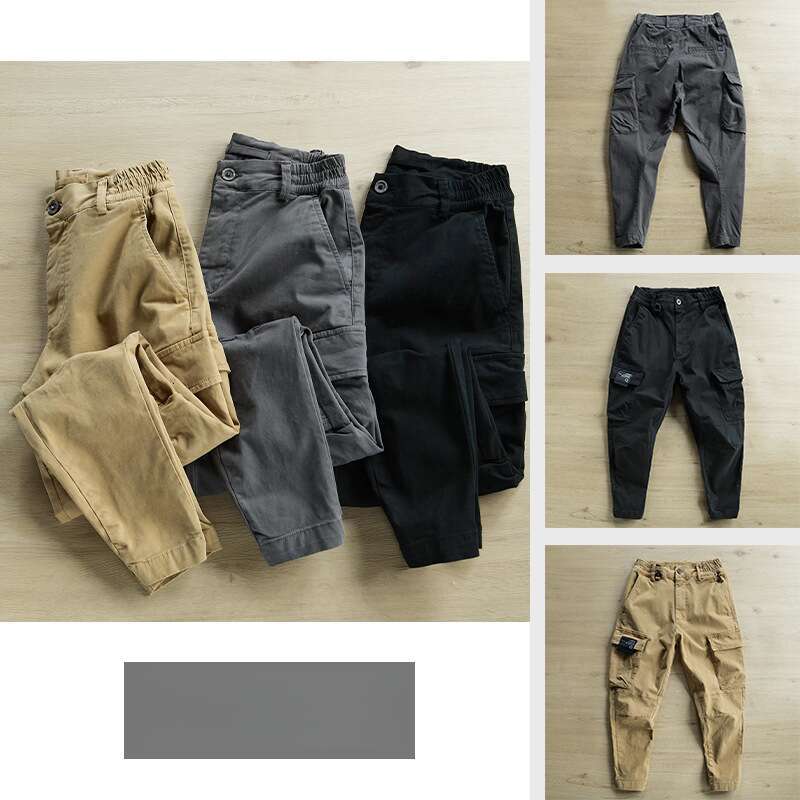 Hot selg European and American men's fashionable multi pocket solid color retro straight tube slim fit elastic waist button work pants 2025 new c