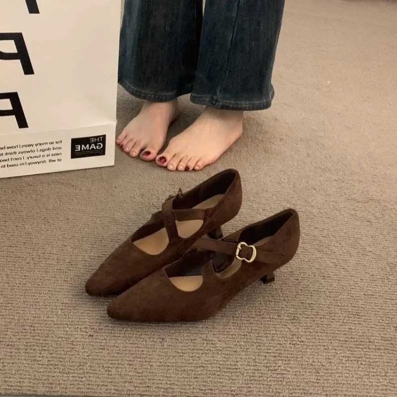Pointed Toe Wen Mid H Shoes Suede Shallow Sandals Wan Trend Elegant Party Pumps Shoes Dress New Brand Womens Shoes Y250306