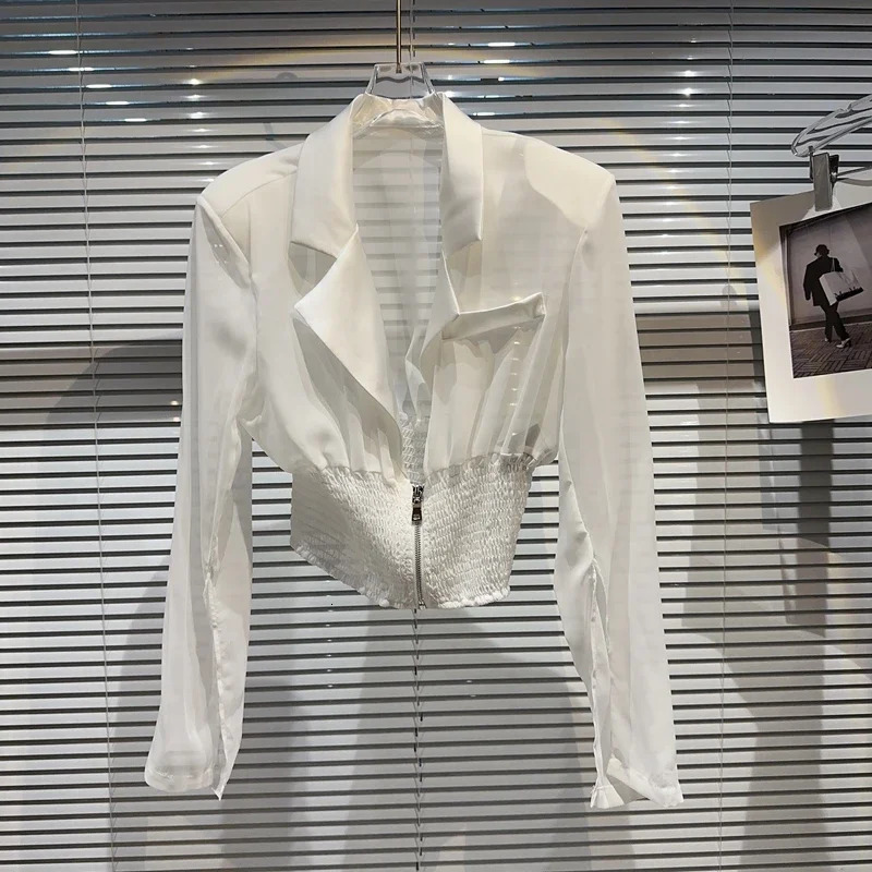 KTCZ Temperament Perspective Mesh Jacket Womens Elastic Slim Waist Causal Notched Zipper Coat Trend Summer 250306