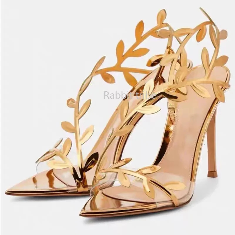 High Heeled Sandals with Golden Branches and Jade Leaves Anti Slip Slim Heels and Pointed Heels Ladies Shoes Fashion Sandals 250306