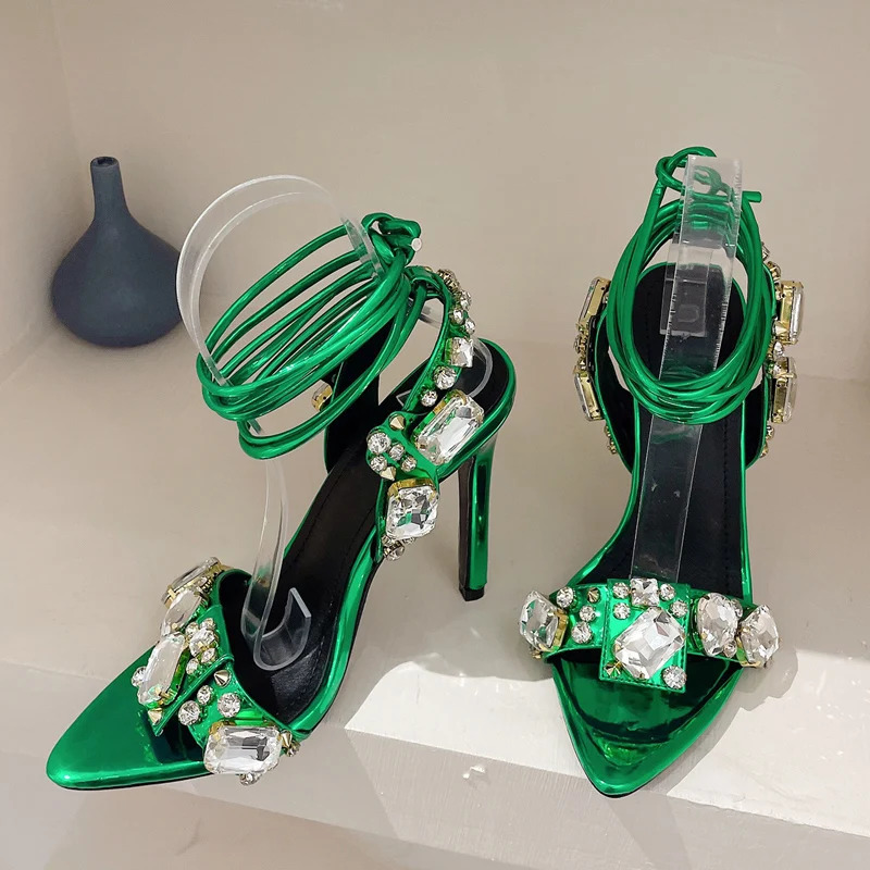 Eilyken Golden Ankle Lace-Up Women Sandals Summer Sexy Crystal Rhinestones Pointed Toe Wedding Party Shoes Ladies Stilettos 250306