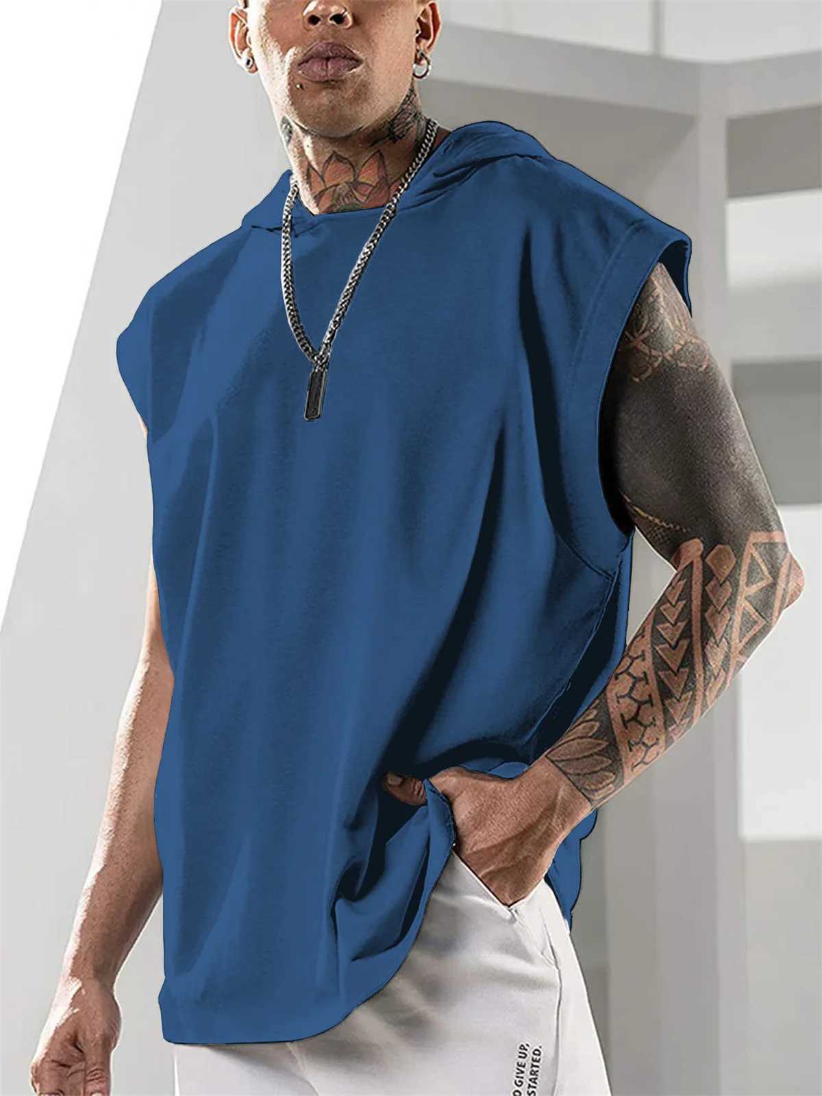 Mens Vest Fashion New Sports Hooded Loose Solid Color Summer Breathable Trend Casual Youth Sleeveless T-shirt TopsT250318