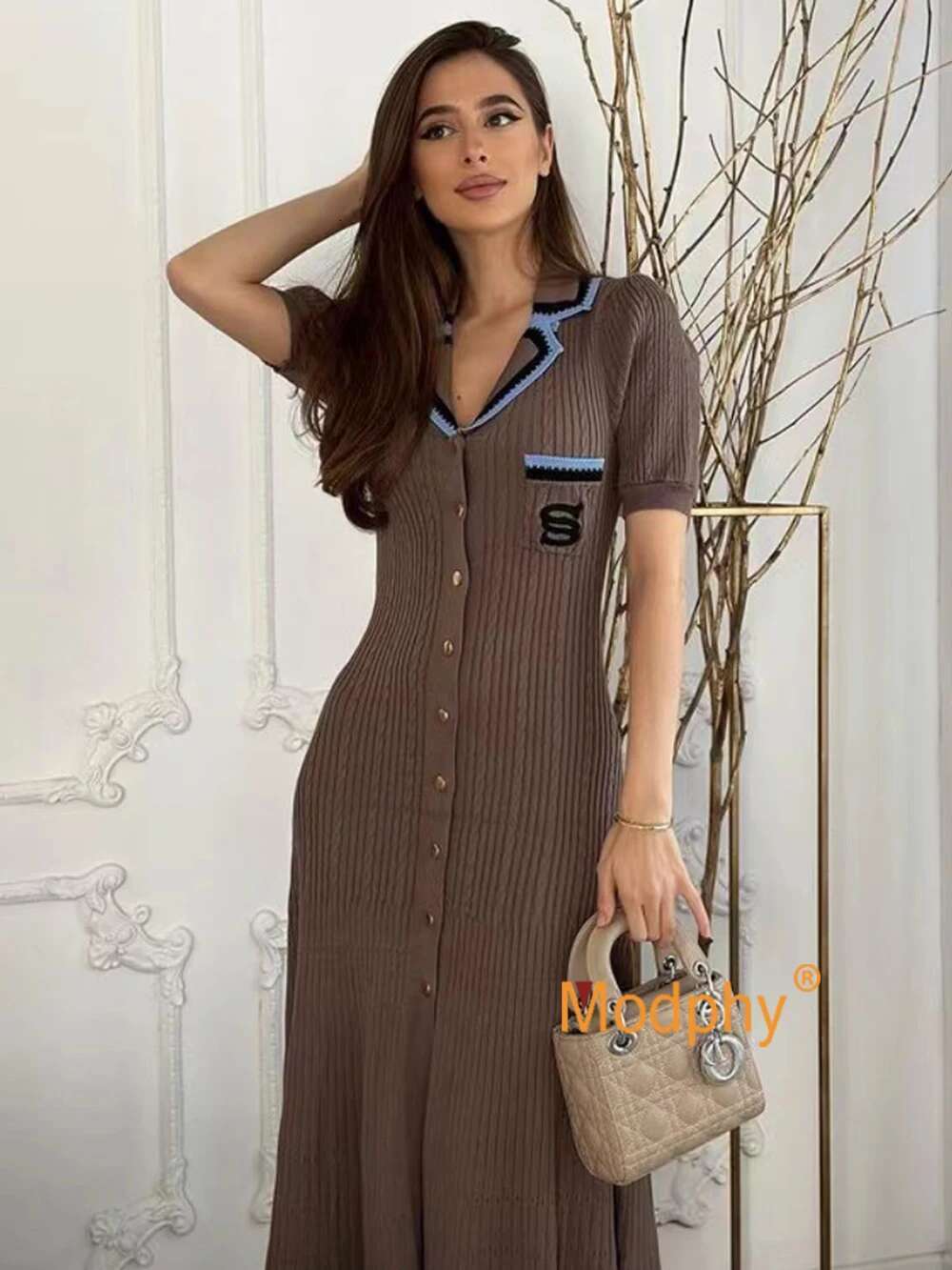 Modphy 2025 Elegant Slim Knitted Dress Women's Letter Single Breasted Long Sleeved Designer Vintage Dresses Autumn