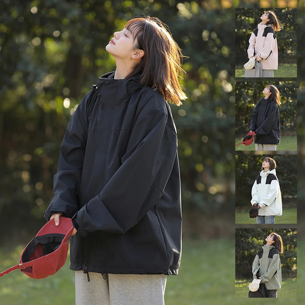 Womens autumn loose waterproof jacket casual fishing climbing hooded windproof outdoor camping unisex 250306