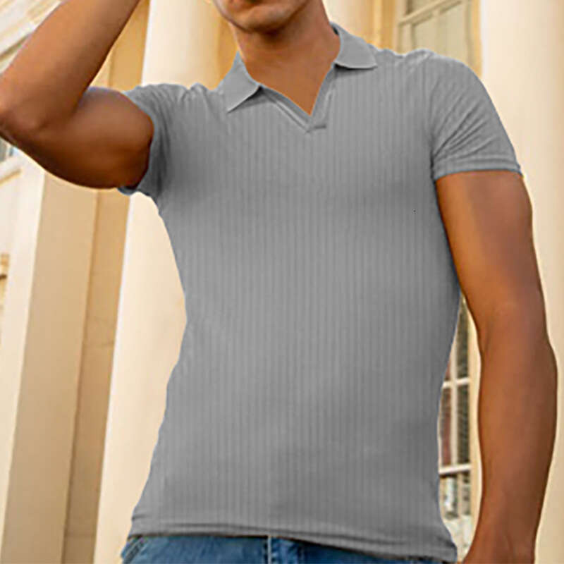 European and American summer polo shirt, V-neck vertical stripe short sleeved men's T-shirt, 2025 new casual versatile fashion clothing