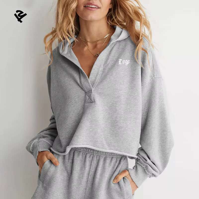 F240598 Womens Hoodie Casual V Neck Hoodies Oversized Pullover Sweatshirt Crop Hooded Tops Fall Outfits Y2k Streetwear Clothes