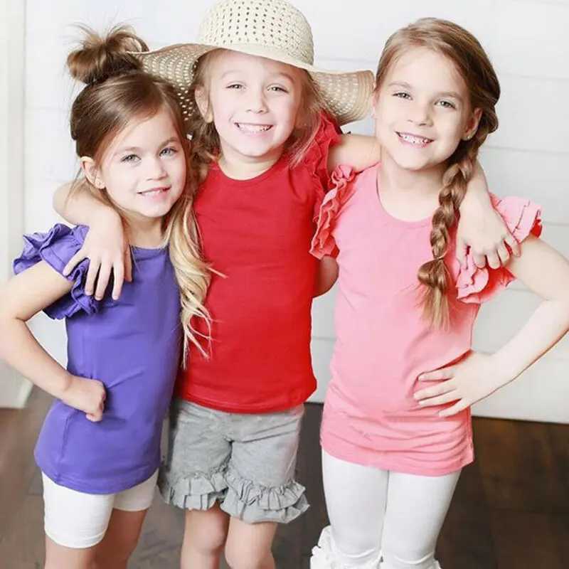 1-6Years Infant Girls T-Shirt Cotton Flying Sleeves T-Shirt For Girls Summer Solid Black White Pink Red Tee TopsT250306