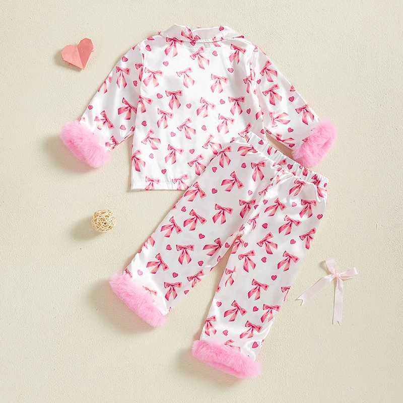 Preschool girl sleepwear Valentines Day baby silk satin night light little girl Pjs button 2-piece sleepwear set M250306