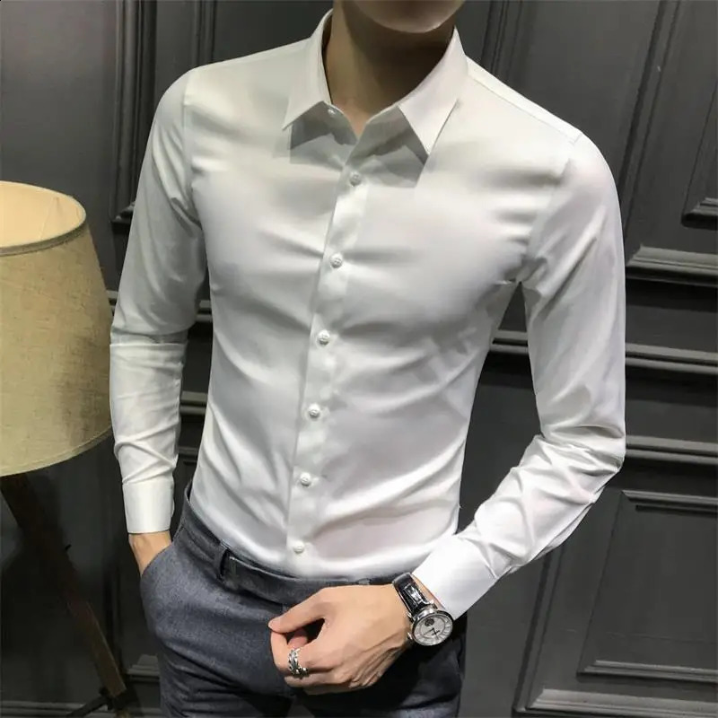 Dress Shirt Long Sleeve Silk Business Plain Man Tops Formal Shirts and Blouses for Men Office Cotton with Collar S Cool Clothing 250227
