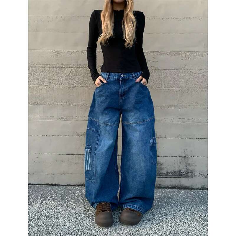 Blue Jeans Women Y2k American Hip Hop Vintage 2000S High Waisted Jean Straight Streetwear Casual Loose Wide Leg Denim Pants