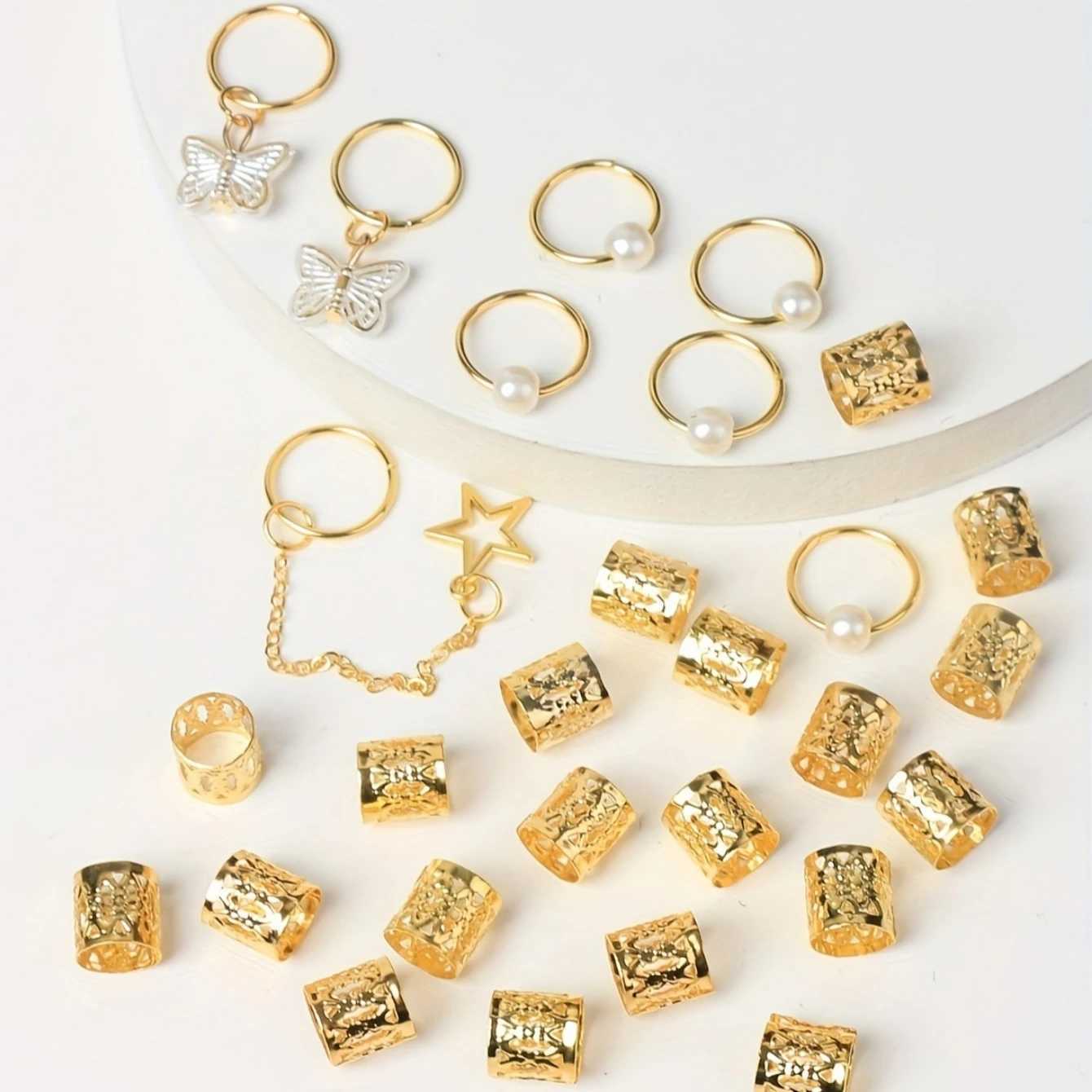 28 pieces of hair woven cuffs hair charm Dreadlock jewelry woven jewelry hair woven rings hair decorative jewelry X250306