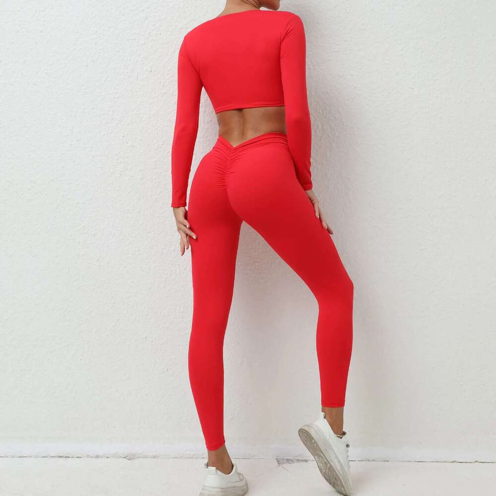 1/2Pcs Pad Long Sleeve Crop Tops Women Yoga Set Sport Gym Scrunch V Back Fiess Leggings Workout Pant Active Suits KLMY