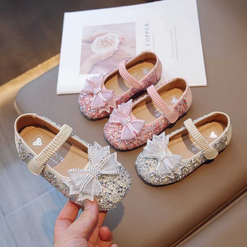 Girls Princess Shoes Pink Beige Crystal Glimmer Kids Flat Shoes Autumn Luxury Party Beautiful Hook-loop 23-35 Children ShoesT250306
