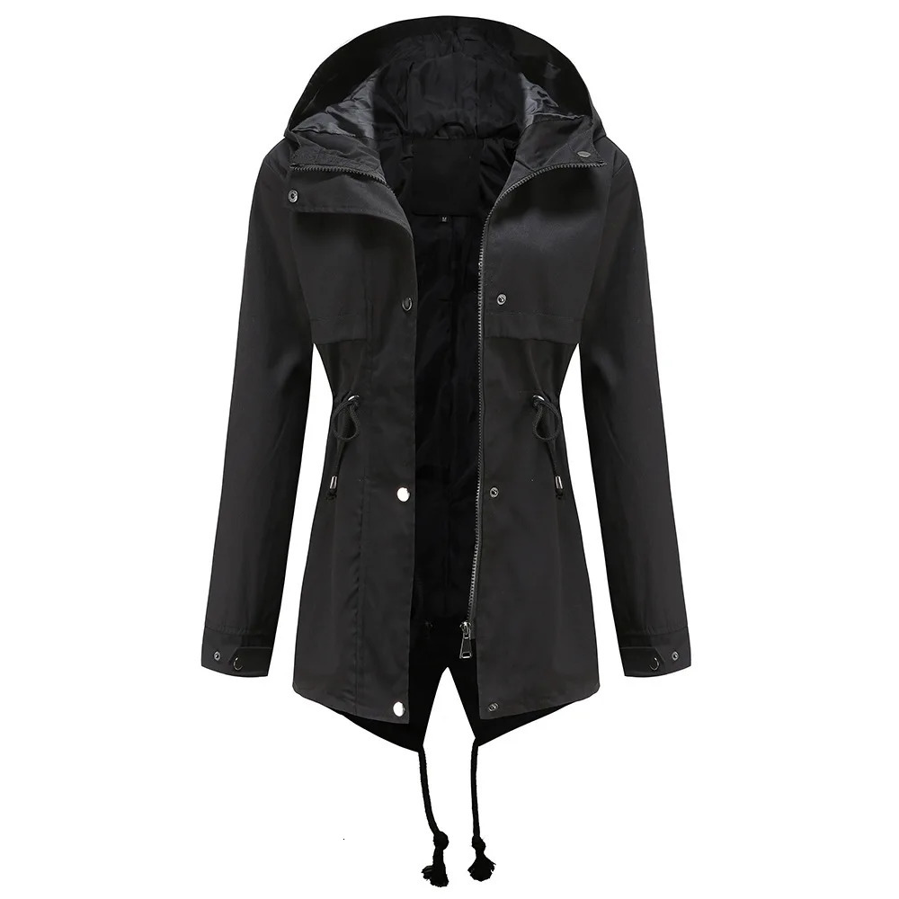 SpringAutumn Windbreaker Midlength Women Hooded Coat Waisttight Outdoor Raincoat Fashion Slim Womens Jacket 250306