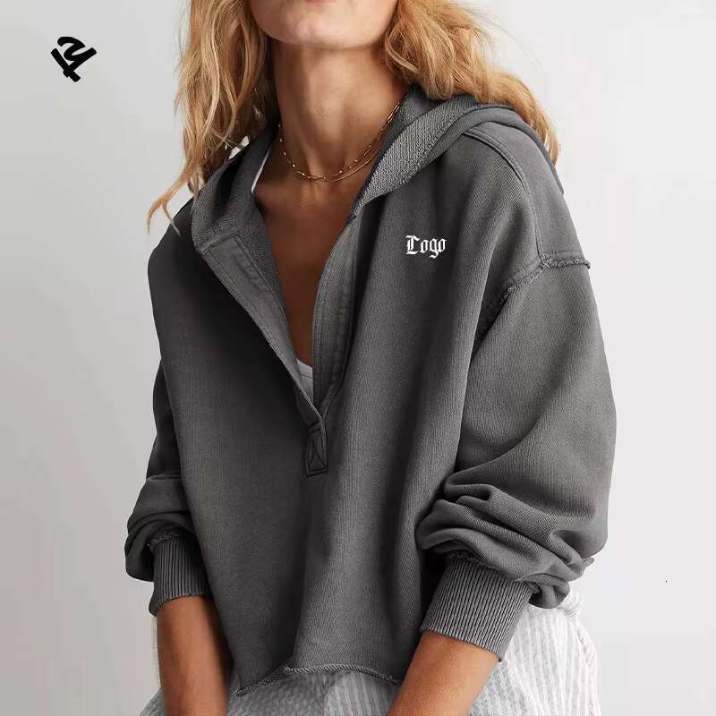 F240598 Womens Hoodie Casual V Neck Hoodies Oversized Pullover Sweatshirt Crop Hooded Tops Fall Outfits Y2k Streetwear Clothes