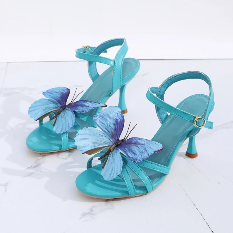 Retro Green Butterfly High Heels for Women Summer Peep Toe Ankle Strap Sandals Elegant Ladies Lace Up Stiletto Party Shoes 250306