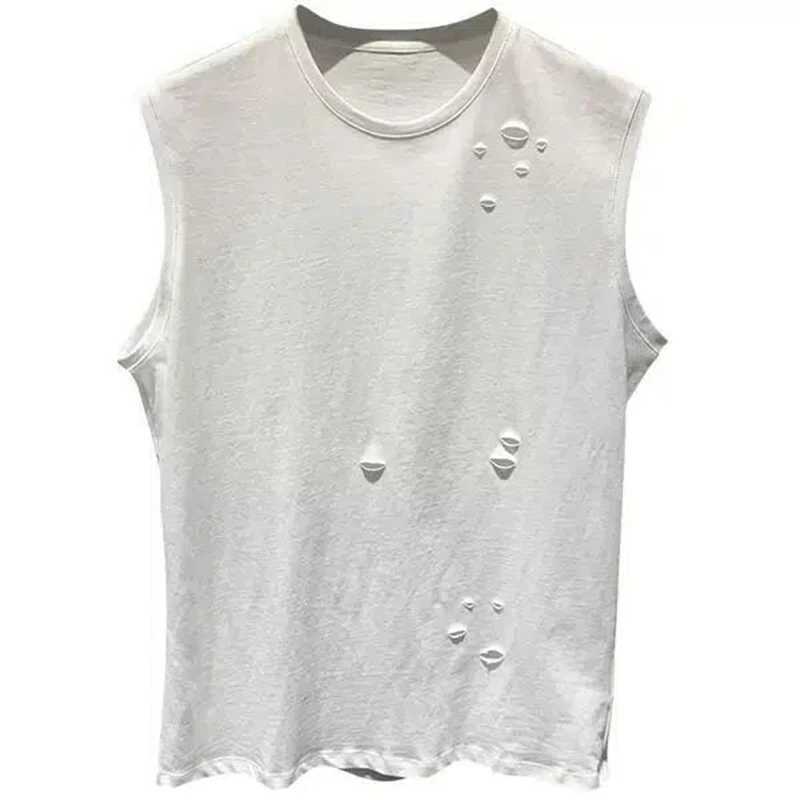 100% Cotton Shrug Sleeveless Ripped Hole Men Tank Top Korean High Street Fashion Trend 2xl Oversized T Shirt Hip Hop StreetwearT250318