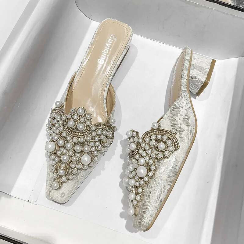 2025 Pearl Half Slippers Women Shoe Autumn Rhie Chunky Mid Heel Slipper Sandals Fashion Muller Casual Versatile Single Shoes