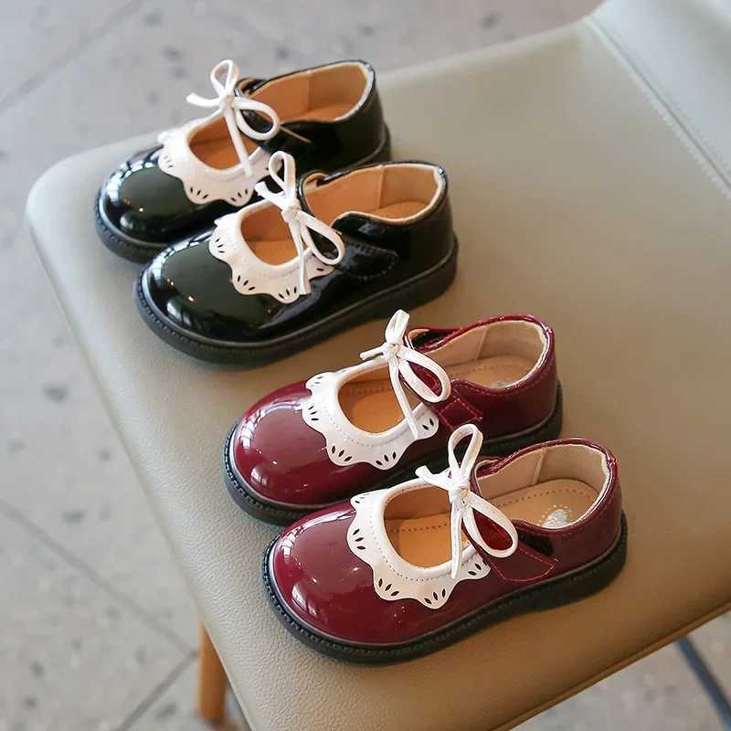 Girls Princess Flat Shoes Elegant Patent PU Bowknot Children Casual Shoes 21-35 Toddler Kids Single Shoe Wine Red BlackT250306