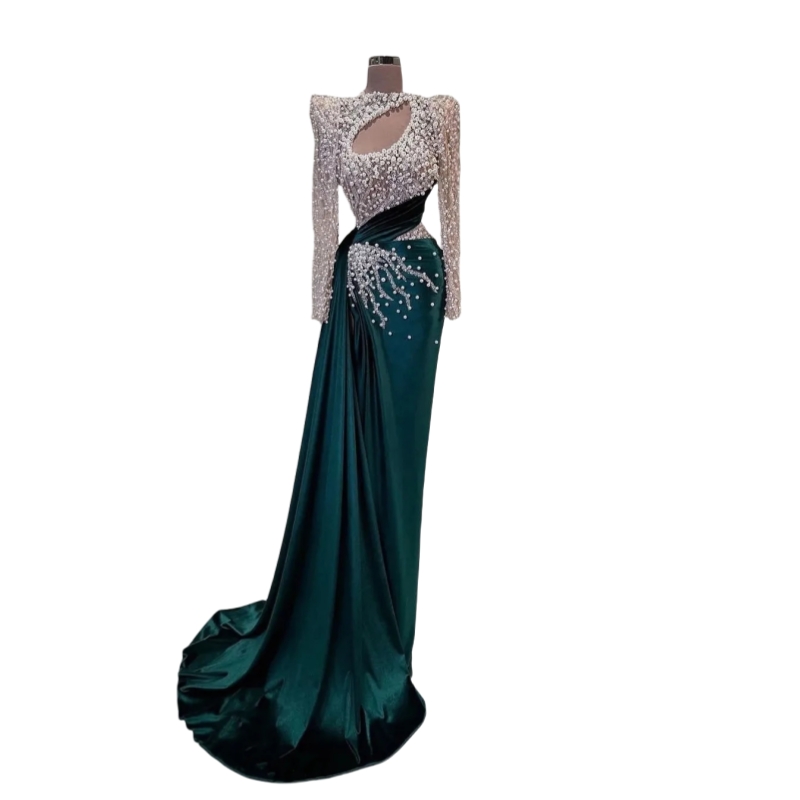 Luxurious Beaded Prom Dresses Long Sleeves Pearls Beading Crew Neck Dark Green Evening Gown Pleats Peplum 2025 Pageant Party Reception Dress