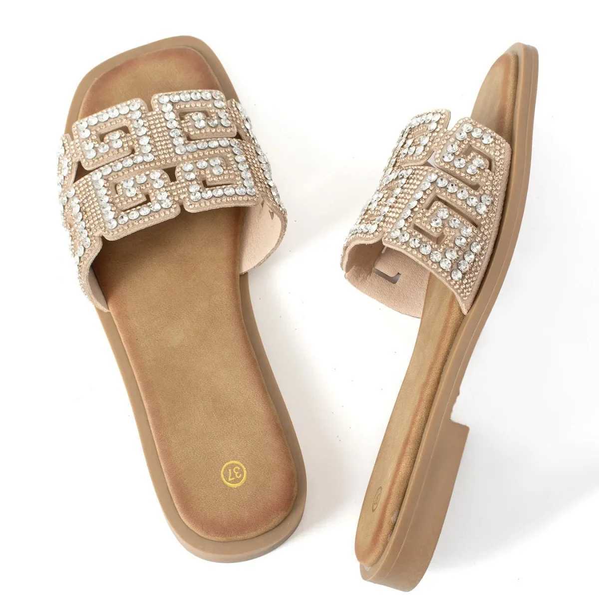 KM-ROYA New 2025 Casual Flat H Wen Slippers Summer Crystal Diamond Vai Outdoor Slides Shoes Y250306