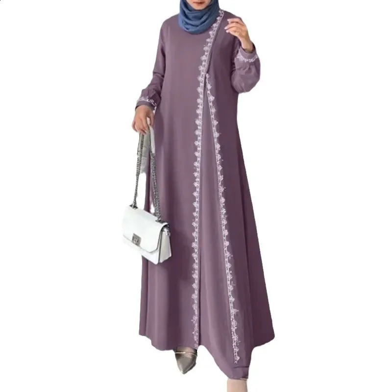 H726# Muslim Womens Long Sleeve Embroidered Dress Casual Spring Fashion Vest Dress Floral Print Loose Fit Maxi Dress 250305