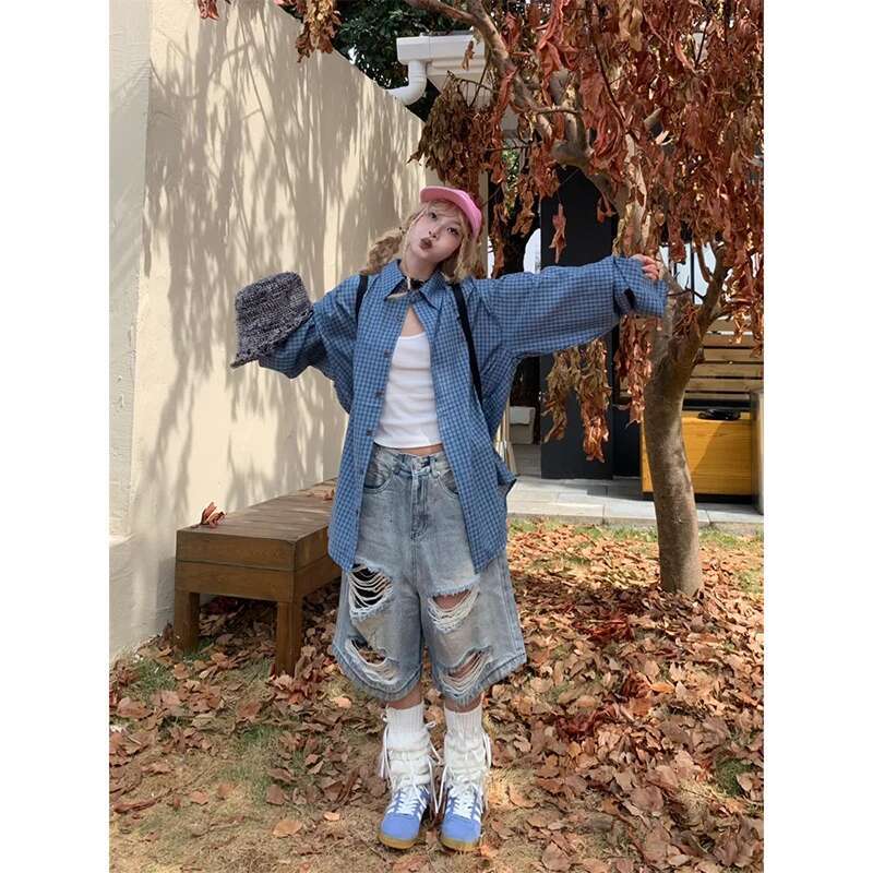 Summer Vintage Blue Ripped Short Jeans Women Oversized Distressed Jorts Y2k Grunge Baggy Boyfriend Denim Shorts Wide Streetwear