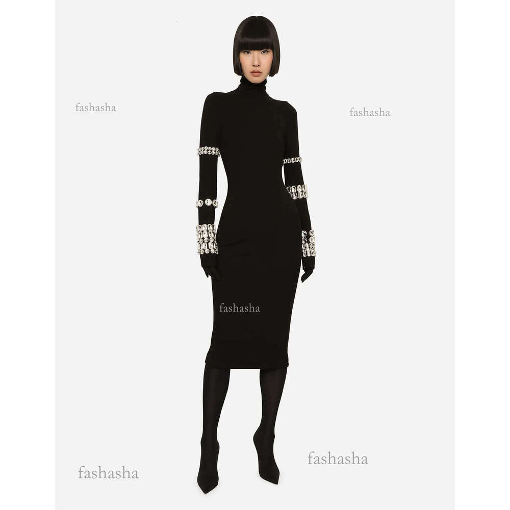 100 2023 Runway Dress Spring Autumn Dress Brand Same Style Empire Crew Neck Long Sleeve Black Womens Dress Fashion M