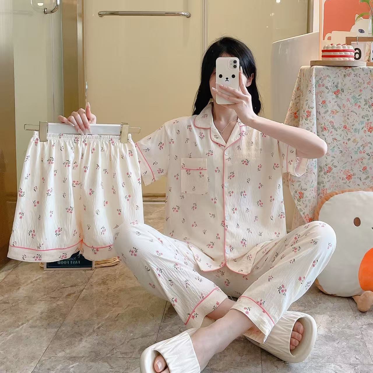 B754-Cotton pajamas three-piece suit for women summer short-sleeved trousers shorts spring and autumn home clothes suit