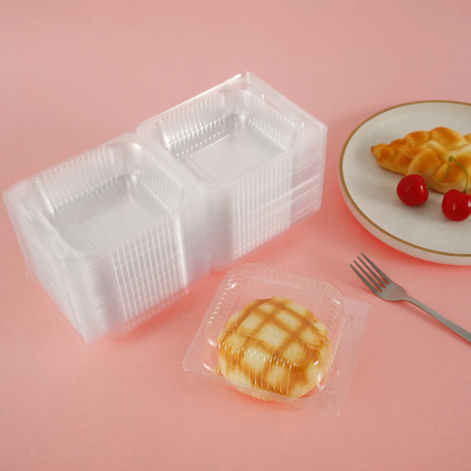 100Pcs Cake Slice Boxes Disposable Food Container with Lid Stackable Clear Storage Box for Pie Cupcake Dessert Kitchenware 250304