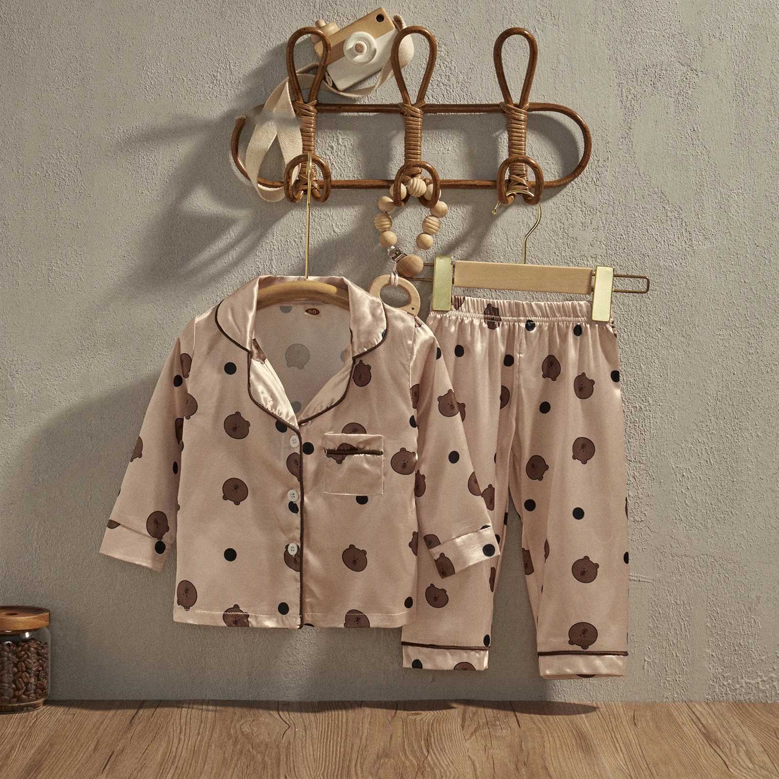 EWODOS 1-6 Years Toddler Baby Kids Unisex Casual Pajama Suit Cartoon Bear Print Long Sleeve Front Pocket Lapel Tops+ Long Pants M250306