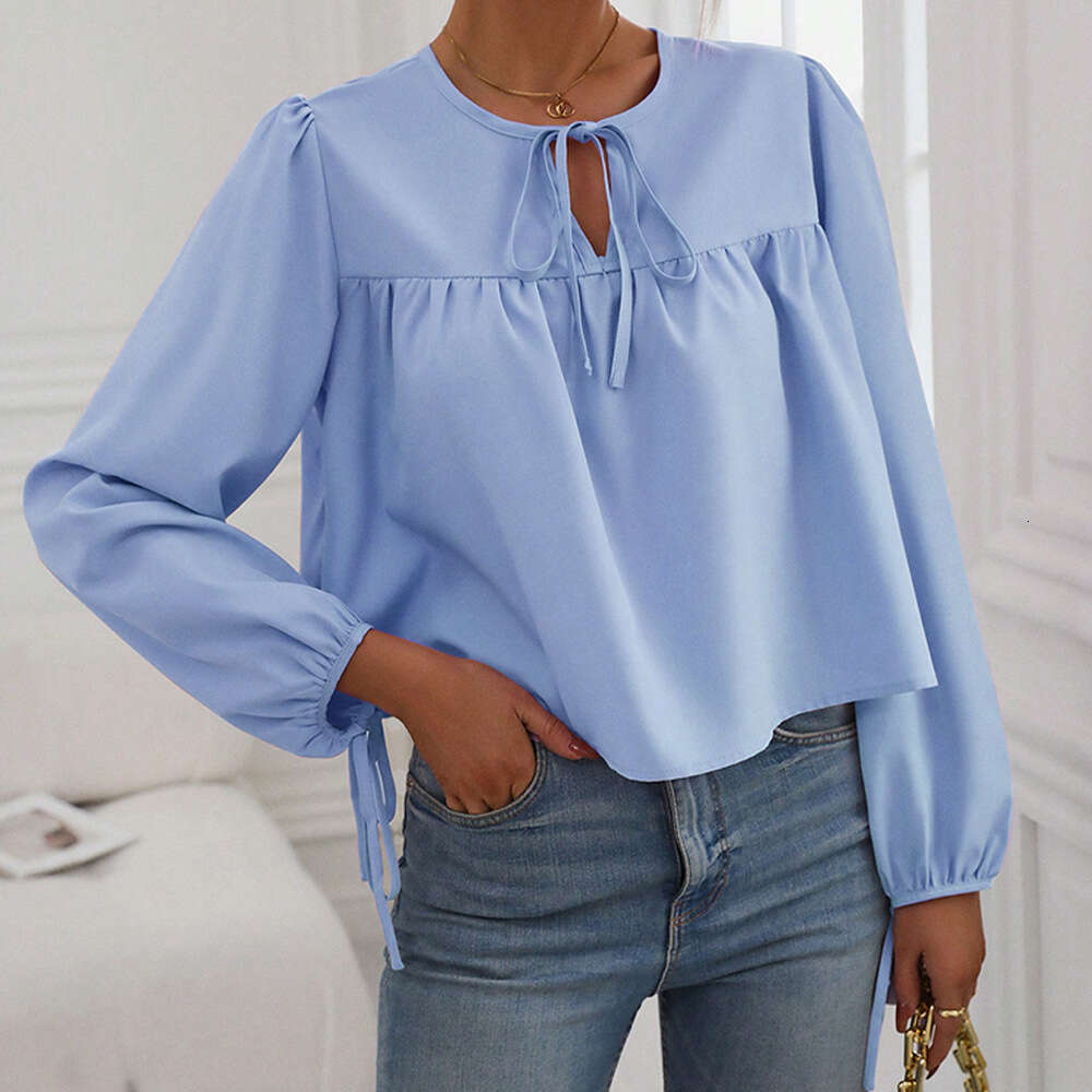 Women's Clothing Autumn And Winter Round Neck Lace Up Bubble Sleeves Loose Casual Temperament Women's Pullover Top KLMY