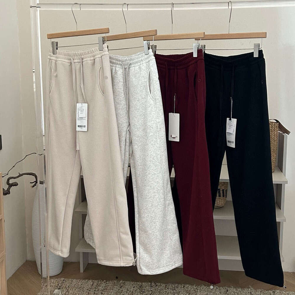 Winter New Style Plush Drawstring Elastic Waist Straight Wide Leg Versatile Warm Casual Pants Solid Color