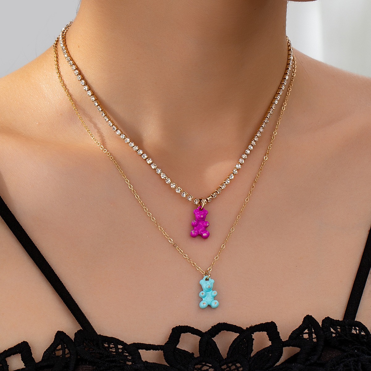 Ins Gummy Bear Pendant Multi-layer Necklace Women's Metal Personality Collarbone Chain Jewelry