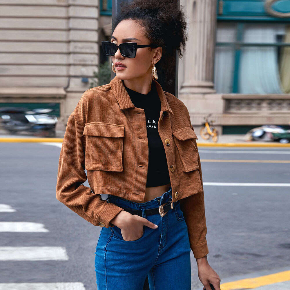 Spring/Summer Women's Casual Single Breasted Organ Bag Flip Collar Corduroy Long Sleeve Jacket KLMY
