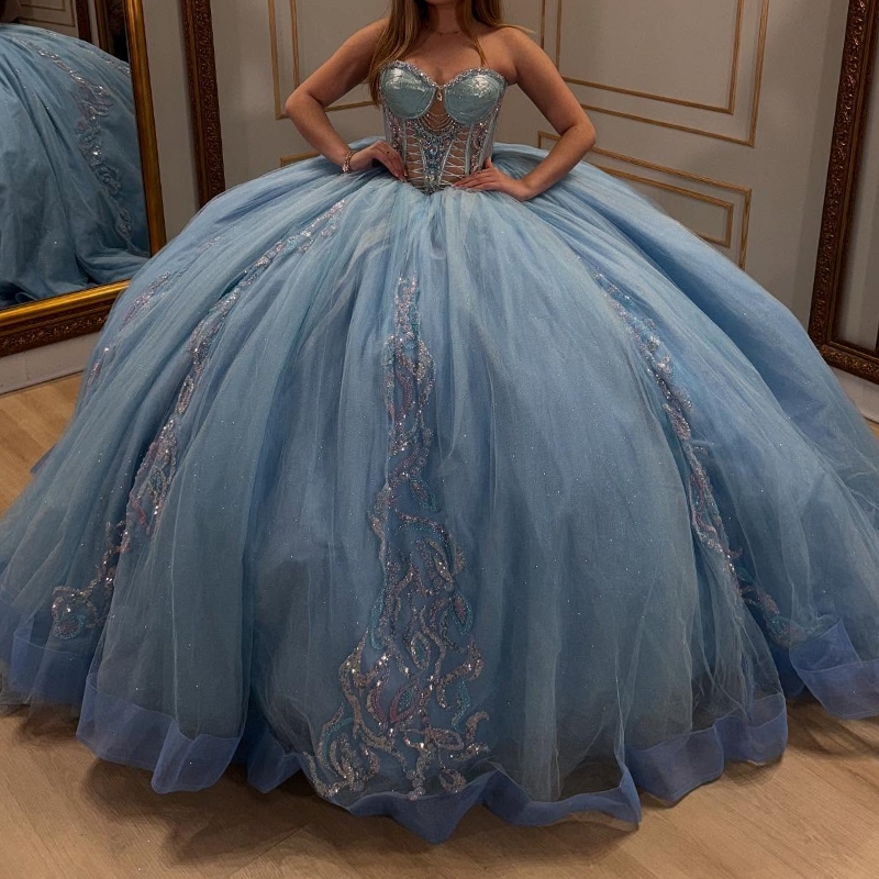 Sky Blue Quinceanera Dresses Ball Gown Off Shoulder Sequin Applique Lace Beads Tull Corset Sweet 16 Dress Vestidos 15 De Anos