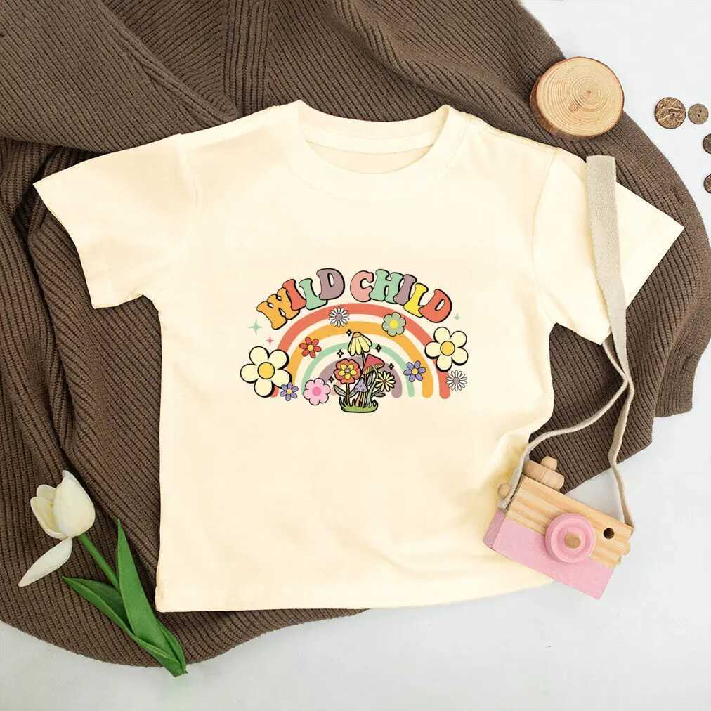 Groovy Wild Child Toddler Shirt Rainbow Natural Shirts Kids T-shirt Boho Wild And Free Girls Retro Wildflower short sleeve TeeT250306