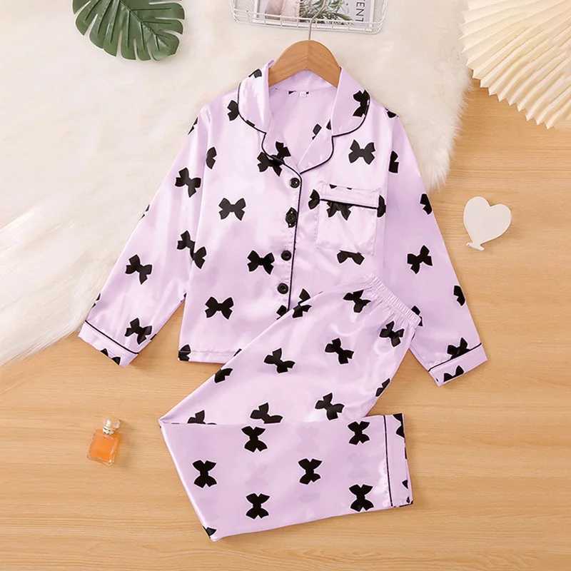 Children Girls Button-Down Silk Pajamas Sets with Short Sleeve Nightwear 2PCS Lounge Sets 6-12 Years M250306