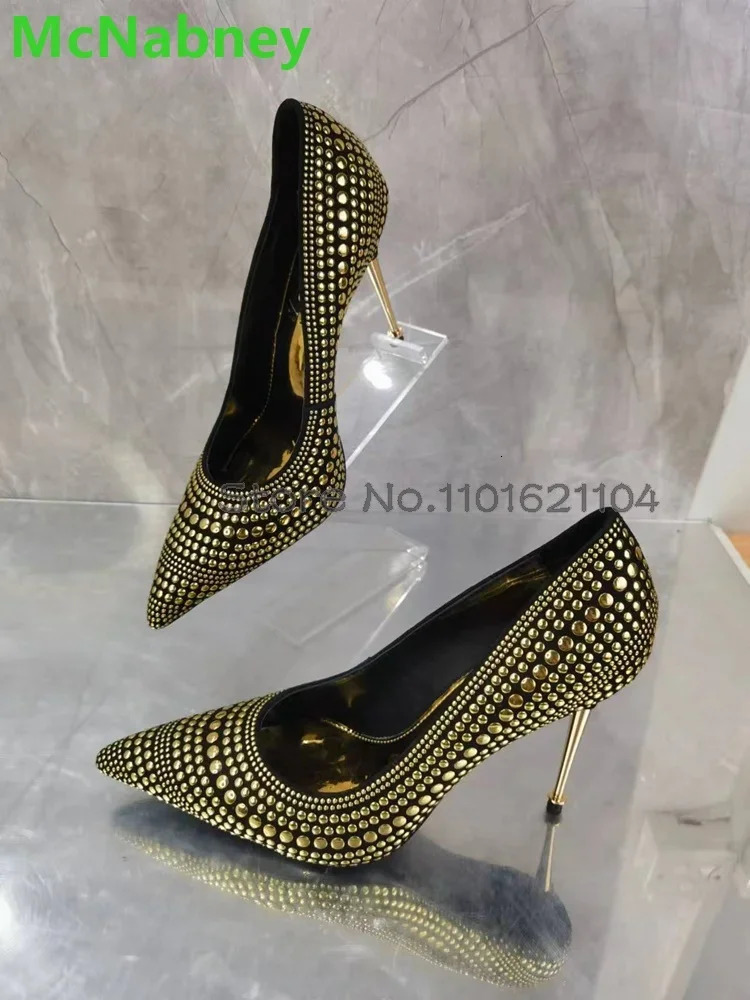 Metal Thin High Heel Pumps For Female Women Pointed Toe Gold Rivet Slip-on Fashion Shallow Elegant Sexy Footwear 250306