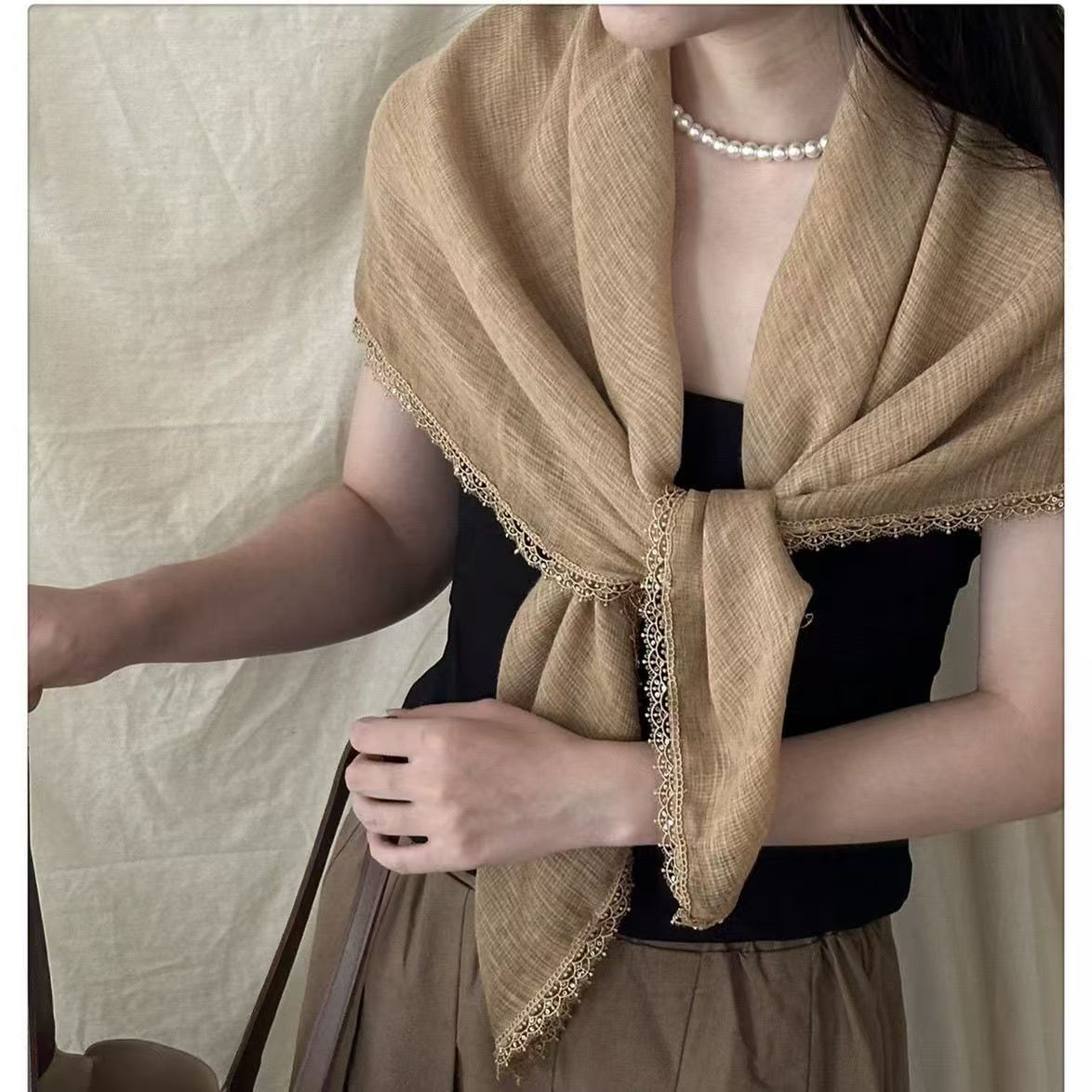 T235 new 2025 high-grade literary retro cotton and linen square scarf all-match sequin headscarf sunscreen scarf shawl niche