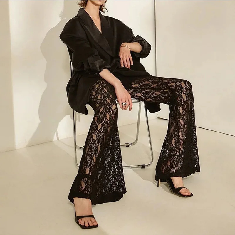 Nibber Stacked Lace Pants Women Solid Sexy See Through High Waist Slim Trouser Simple Trend Female Stunning Chic Bottoms 250306