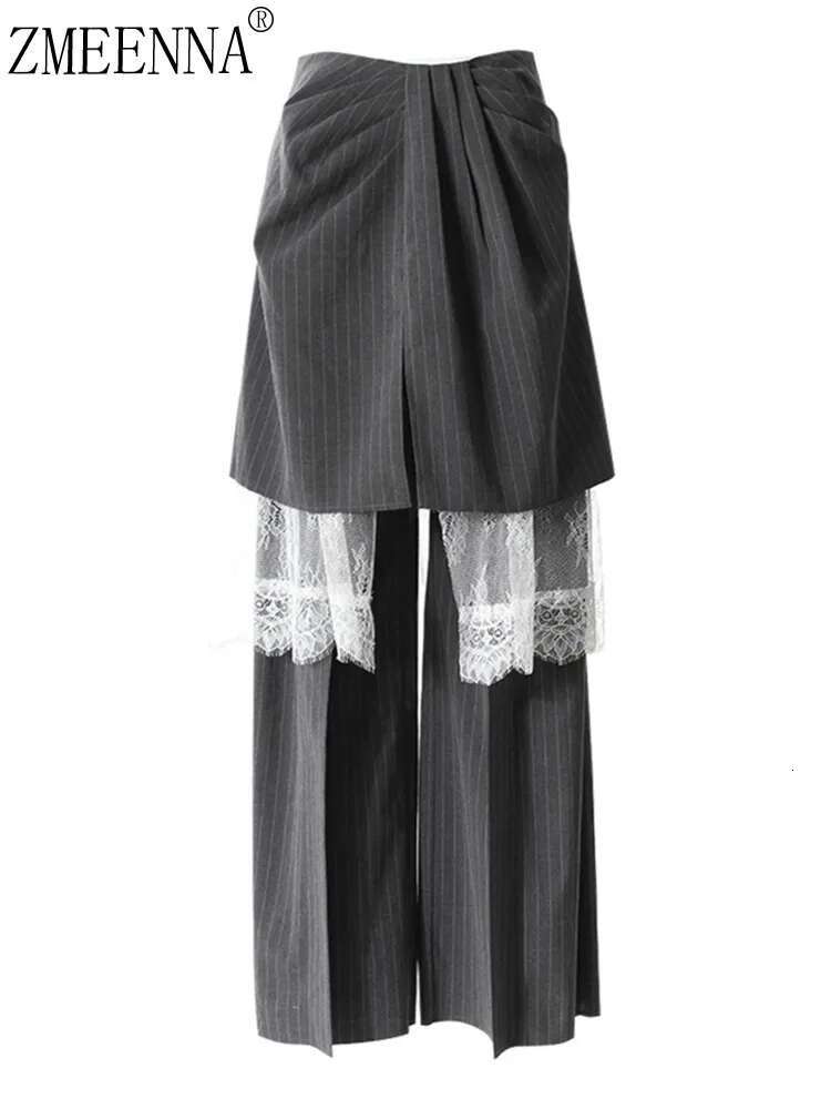 ZMEENNA Gray Stripe Patchwork Skirt Gauze 2 Piece Sets For Women 2025 Spring Fashion Female New Elegant Pants Zm616