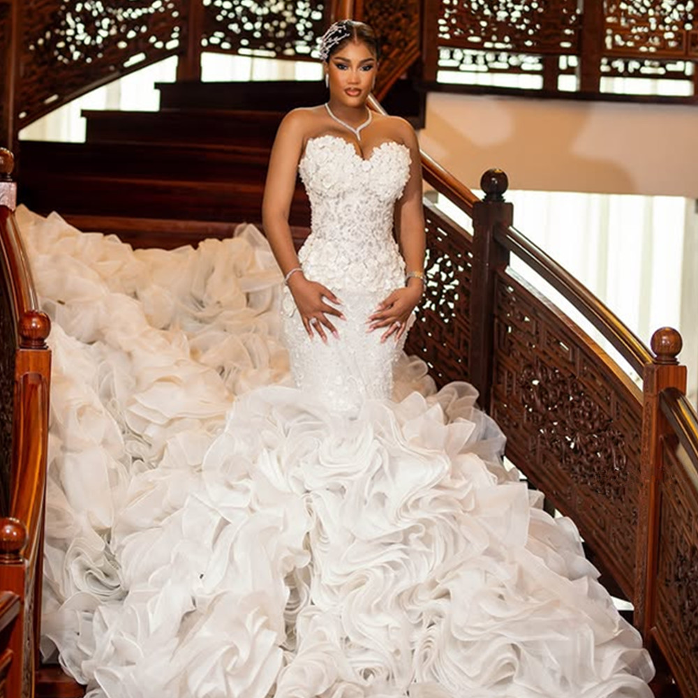 Luxury Strapless Mermaid Wedding Dress Long Puff Ruffles Bridal Gowns Beadings Backless Sleeveless Floral Brides Dress Vestidos De Novia Plus Size