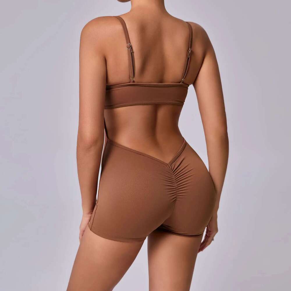 Pad Nylon Women Bodysuit Fiess Yoga Sexy Fake Bra V Butt One-Piece Shorts Set Gym Sports Push Up Cycg Jumpsuit KLMY