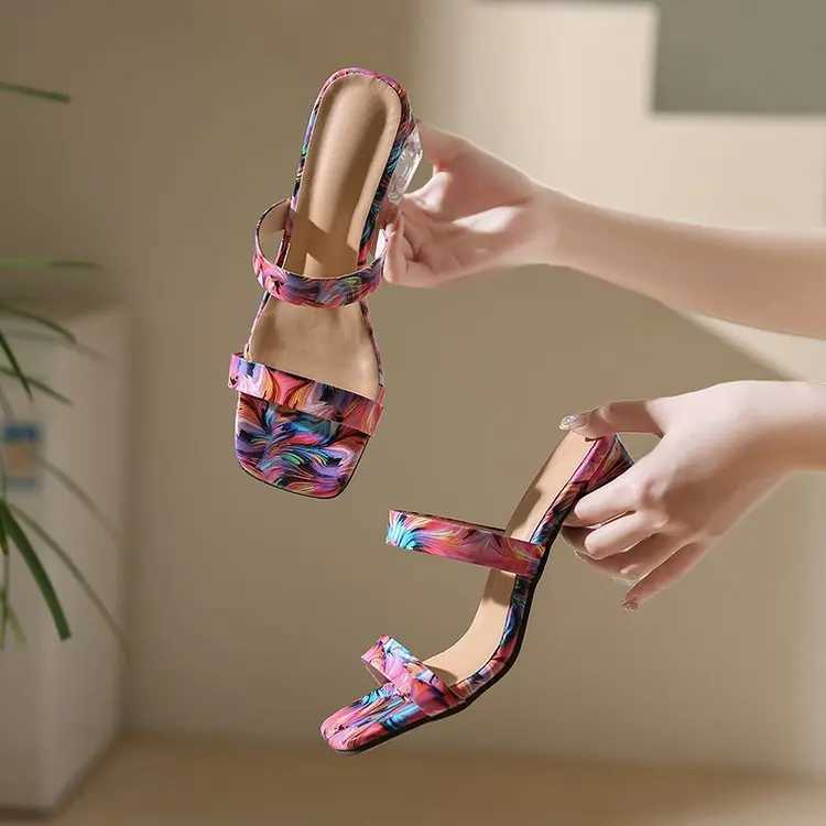 Transparent Crystal Heel Slippers Wens 2023 Summer New Large Square Slippers with Pattern Y250306