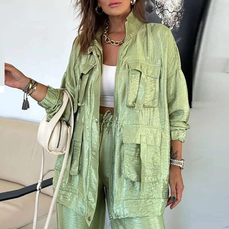 Fall Retro Metallic Color Women's Jacket Outerwear Casual Lapel Button Zipper Office Top Cardigan Winter Long Sleeve Pocket Coat